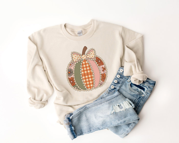 Floral Patchwork Pumpkin Cartoon Outlined Style - Comfy Drop Shoulder Sweatshirt