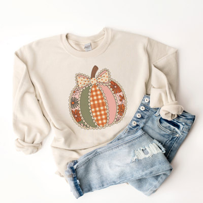 Floral Patchwork Pumpkin Cartoon Outlined Style - Comfy Drop Shoulder Sweatshirt