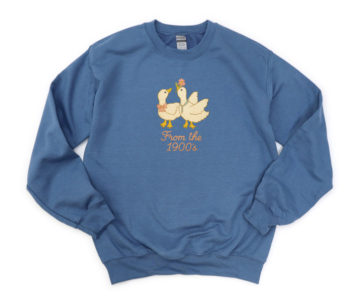 From The 1900s Faux Cross Stitch Cute 1980s Style Goose - Drop Shoulder Comfy Sweatshirt