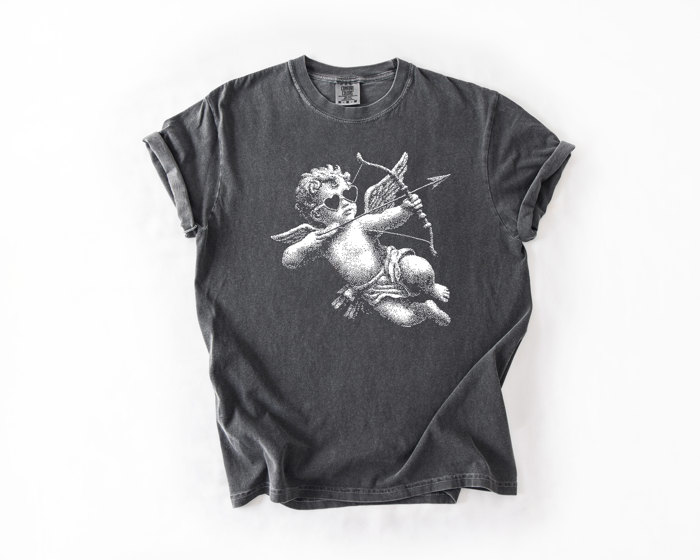 Cupid With Bow Valentines Day Half Tone - T-Shirt (Crewneck)  100 Cotton Heavyweight Tee (Unisex)  Comfort Colors