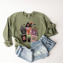  Faux Quilted Spooky Haunted Halloween House - Comfy Dropshoulder Sweatshirt