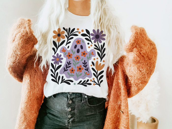Folkart Style Ghostie Cute Floral Swedish Patterns Fall Halloween - Cozy Longer Length Bella Canvas Tee