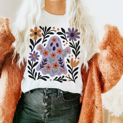 Folkart Style Ghostie Cute Floral Swedish Patterns Fall Halloween - Cozy Longer Length Bella Canvas Tee