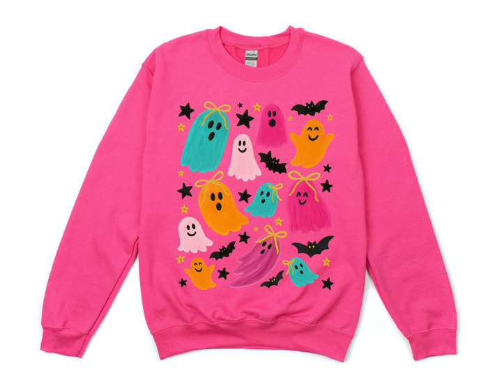Colorful Painted Ghost and Bat Collage - Drop Shoulder Comfy Sweatshirt