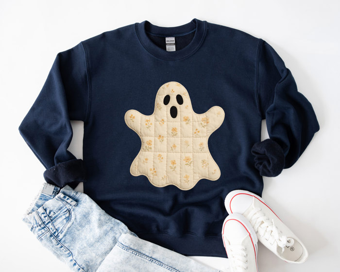 Faux Quilted Halloween Ghost - Cozy Drop Shoulder Sweatshirt