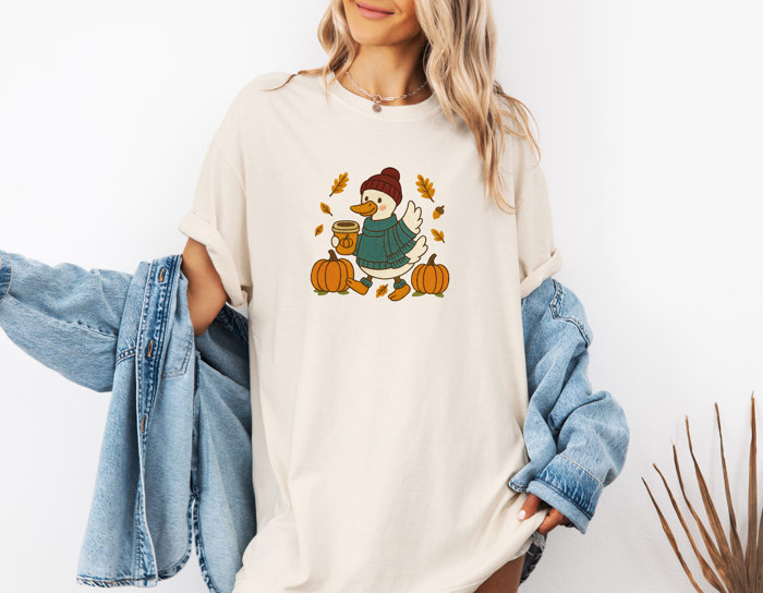 Fall Autumn Goose Latte Walk Faux Embroidery Design - T-Shirt (Crewneck)  100 Cotton Heavyweight Tee (Unisex)  Comfort Colors