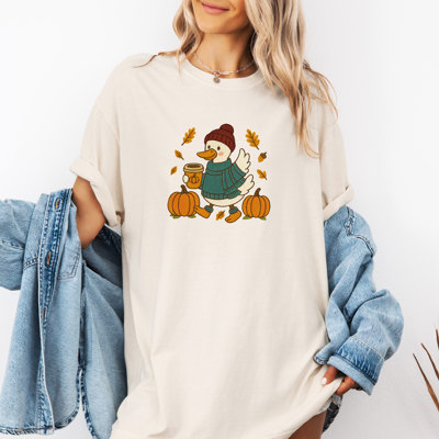 Fall Autumn Goose Latte Walk Faux Embroidery Design - T-Shirt (Crewneck)  100 Cotton Heavyweight Tee (Unisex)  Comfort Colors