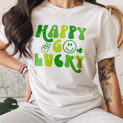 Happy Go Lucky St. Patrick's Day Soft Cozy Longer Length Unisex Graphic Tee T-shirt