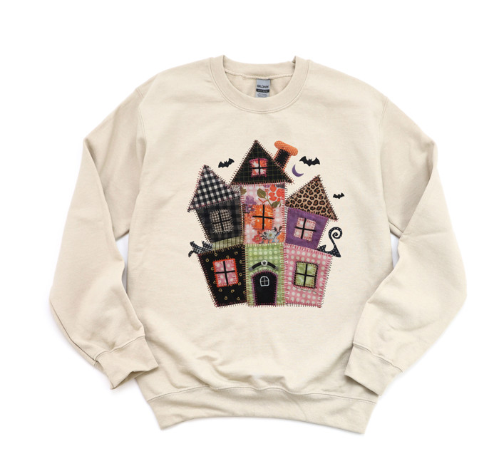 Faux Quilted Spooky Haunted Halloween House - Comfy Dropshoulder Sweatshirt