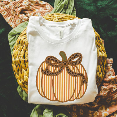 Seersucker Cheetah Print Striped Faux Fabric Pumpkin with Rick Rack Detailing Perfect For Fall - T-Shirt (Crewneck)  100 Cotton Solid Colors Jersey Tee (Uni