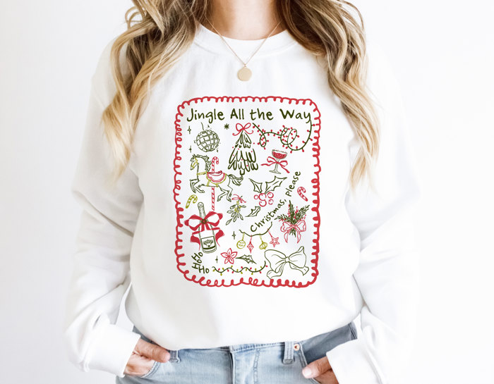 Jingle All the Way Green And Red Christmas Doodles - Comfy Drop Shoulder Sweatshirt