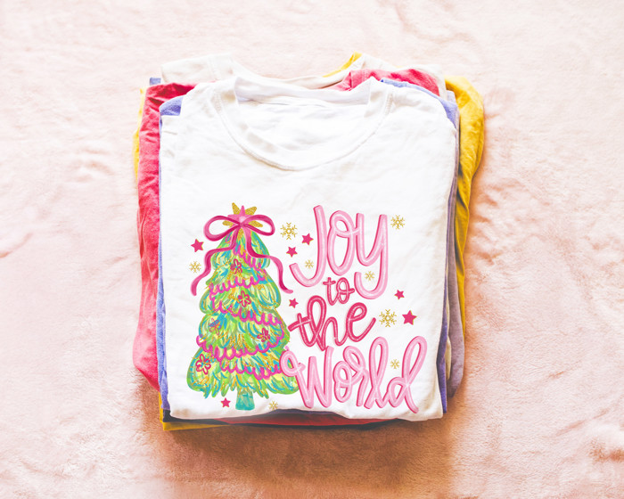 Joy To The World Christmas Tree Colorful - T-Shirt (Crewneck)  100 Cotton Solid Colors Jersey Tee (Unisex)  Bella Canvas, T-Shirt (Crewneck)  Poly-Cotton He