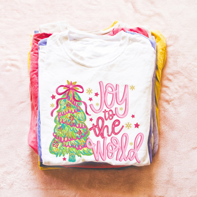 Joy To The World Christmas Tree Colorful - T-Shirt (Crewneck)  100 Cotton Solid Colors Jersey Tee (Unisex)  Bella Canvas, T-Shirt (Crewneck)  Poly-Cotton He
