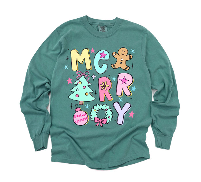 Merry Merry Merry Christmas Elements - Long Sleeve (Heavyweight)  (Unisex) Comfort Colors Made in the USA