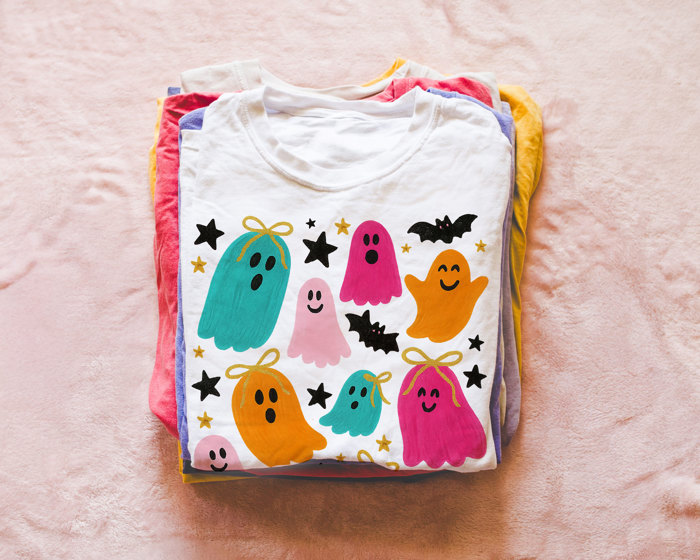 Colorful Painted Ghost and Bat Collage - Soft Longer Length Bella Canvas