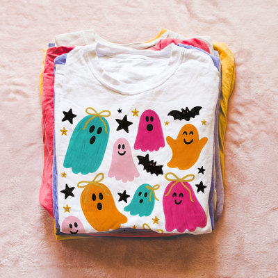 Colorful Painted Ghost and Bat Collage - Soft Longer Length Bella Canvas