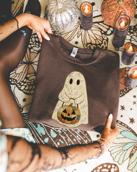 Spooky Faux Patchwork Ghostie Perfect Halloween Fall Design -  Drop Shoulder Sweater