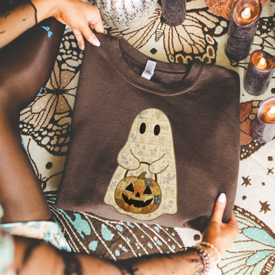 Spooky Faux Patchwork Ghostie Perfect Halloween Fall Design -  Drop Shoulder Sweater