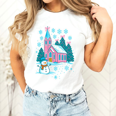 Little Pink Christmas Church In The Snow - Soft Comfy T-Shirt Bella Canvas