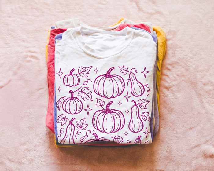 Pink Fall Squash Collage Halloween Autumn Sketch - Soft Long Length Bella Canvas Tee