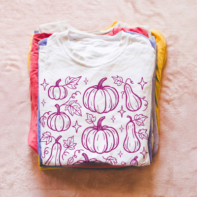 Pink Fall Squash Collage Halloween Autumn Sketch - Soft Long Length Bella Canvas Tee