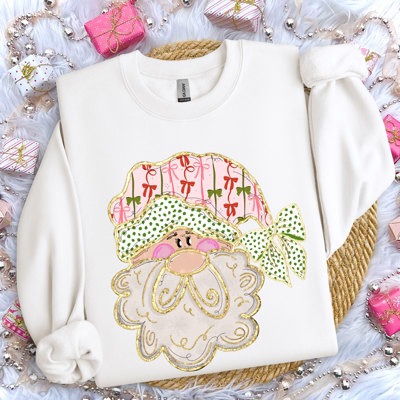 Preppy Bow Santa Claus For Christmas With Faux Gold Accents - Comfy Drop Shoulder Sweatshirt