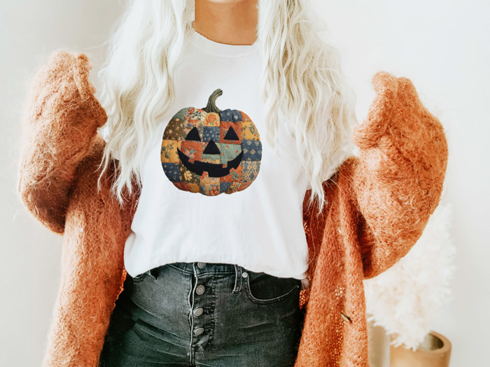 Faux Patchwork Vintage Style Jack-O-Lantern Pumpkin  - Soft and Cozy Jersey Tee (Unisex)  Bella Canvas