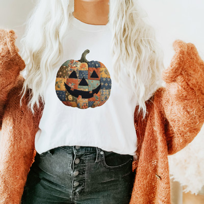 Faux Patchwork Vintage Style Jack-O-Lantern Pumpkin  - Soft and Cozy Jersey Tee (Unisex)  Bella Canvas