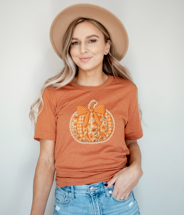 Puffy Faux Quilted Pumpkin Halloween Thanksgiving - Soft Cozy Longer Length Bella Canvas Tee