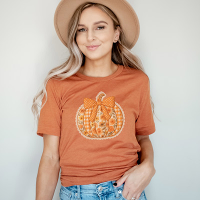 Puffy Faux Quilted Pumpkin Halloween Thanksgiving - Soft Cozy Longer Length Bella Canvas Tee
