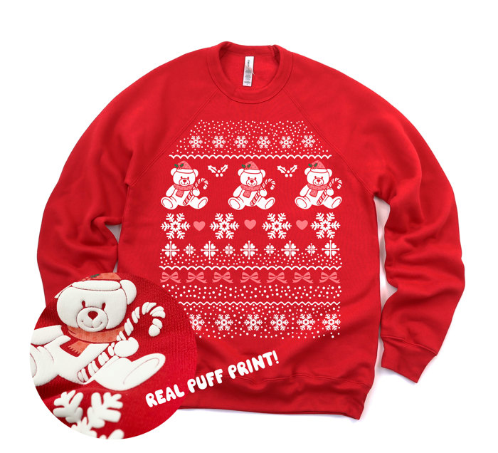 PUFF Print Christmas Teddies With Color Accents - Sweatshirt (Crewneck)  Sponge Fleece Raglan (Unisex)  Bella Canvas