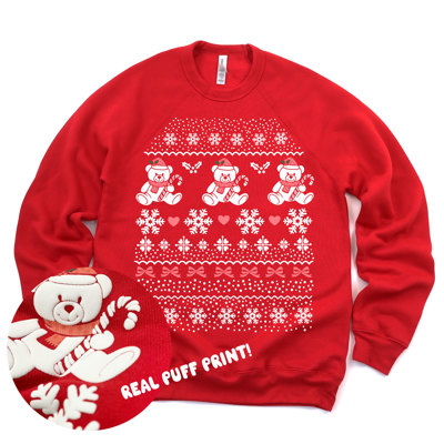 PUFF Print Christmas Teddies With Color Accents - Sweatshirt (Crewneck)  Sponge Fleece Raglan (Unisex)  Bella Canvas