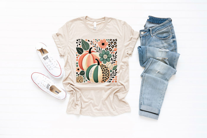 Floral Cheetah Print Folk Art Style Pumpkins - T-Shirt (Crewneck)  100 Cotton Solid Colors Jersey Tee (Unisex)  Bella Canvas, T-Shirt (Crewneck)  Poly-Cotto