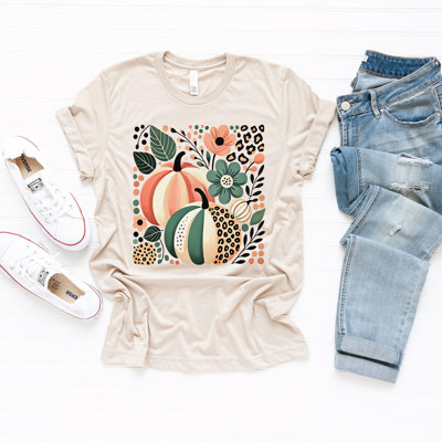 Floral Cheetah Print Folk Art Style Pumpkins - T-Shirt (Crewneck)  100 Cotton Solid Colors Jersey Tee (Unisex)  Bella Canvas, T-Shirt (Crewneck)  Poly-Cotto