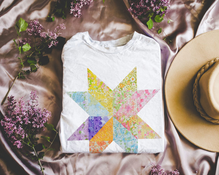 Bright Ditzy Floral Summer Print Quilted Star Pattern - Soft and Cozy T-Shirt (Crewneck)  Bella Canvas