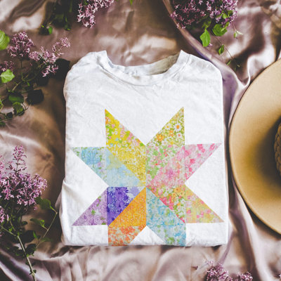 Bright Ditzy Floral Summer Print Quilted Star Pattern - Soft and Cozy T-Shirt (Crewneck)  Bella Canvas