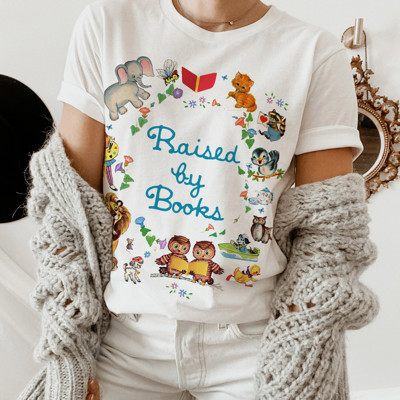 Raised by Books Golden Nostalgic Teacher Read Reading Love Little Retro Vintage Nostalgia Soft Unisex Graphic Tee T-shirt