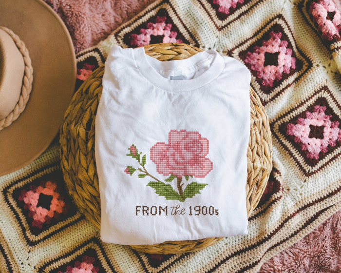 From The 1900s Faux Cross Stitched Pattern of a Vintage Rose - Soft Longer Length Bella Canvas