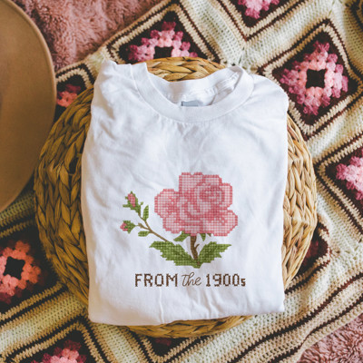 From The 1900s Faux Cross Stitched Pattern of a Vintage Rose - Soft Longer Length Bella Canvas