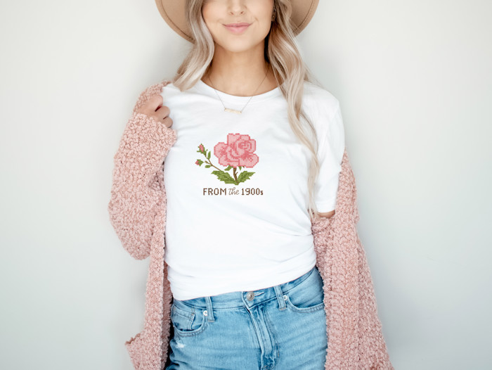 From The 1900s Faux Cross Stitched Pattern of a Vintage Rose - Soft Longer Length Bella Canvas