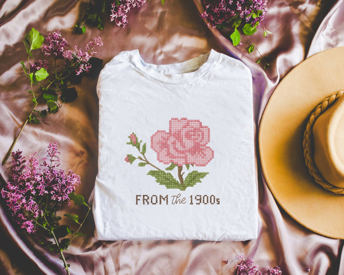 From The 1900s Faux Cross Stitched Pattern of a Vintage Rose - Soft Longer Length Bella Canvas