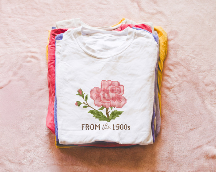 From The 1900s Faux Cross Stitched Pattern of a Vintage Rose - Soft Longer Length Bella Canvas