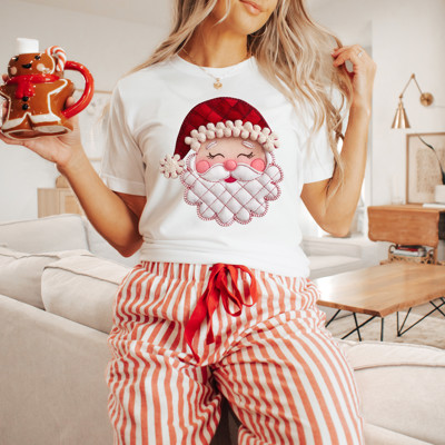 Faux Quilted 1980s Style Vintage Santa Claus Christmas - T-Shirt (Crewneck)  100 Cotton Solid Colors Jersey Tee (Unisex)  Bella Canvas, T-Shirt (Crewneck)  