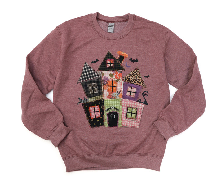 Faux Quilted Spooky Haunted Halloween House - Comfy Dropshoulder Sweatshirt