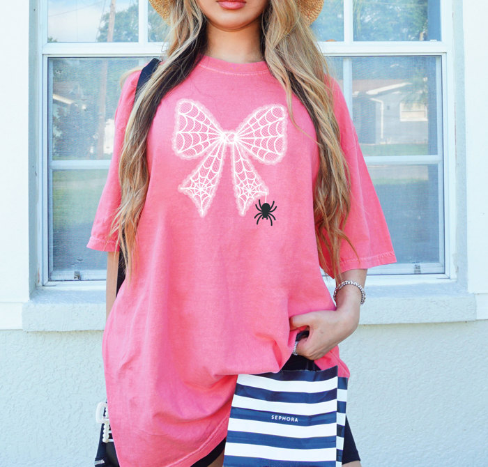 Lace Cobweb Spider Halloween Bow - T-Shirt (Crewneck)  100 Cotton Heavyweight Tee (Unisex)  Comfort Colors