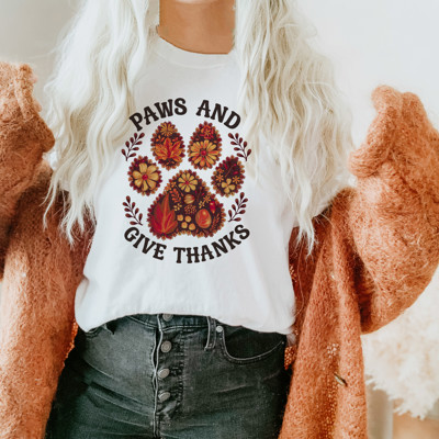 Paws And Give Thanks Dog Mom Dog Dad Thanksgiving for Pet Lovers - Soft Longer Length Bella Canvas Tee