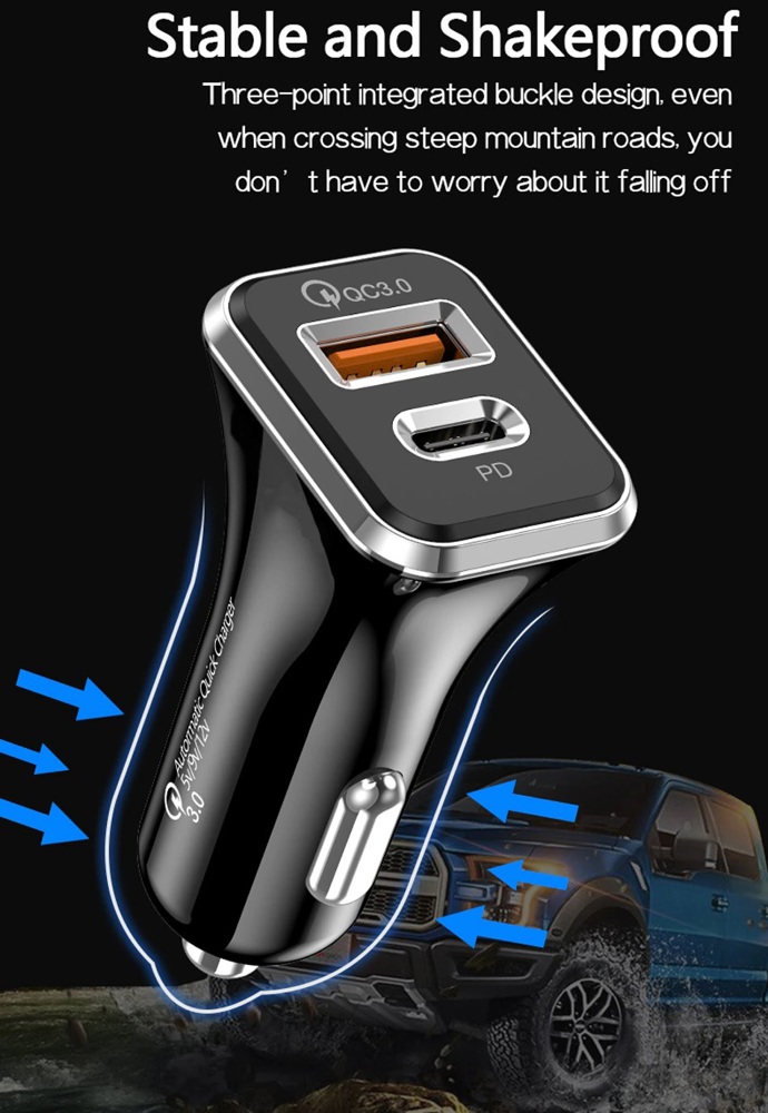 Universal 36W Fast Car Charger with USB-C PD & USB-A Ports