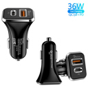 Black Universal 36W Fast Car Charger with USB-C PD & USB-A Ports