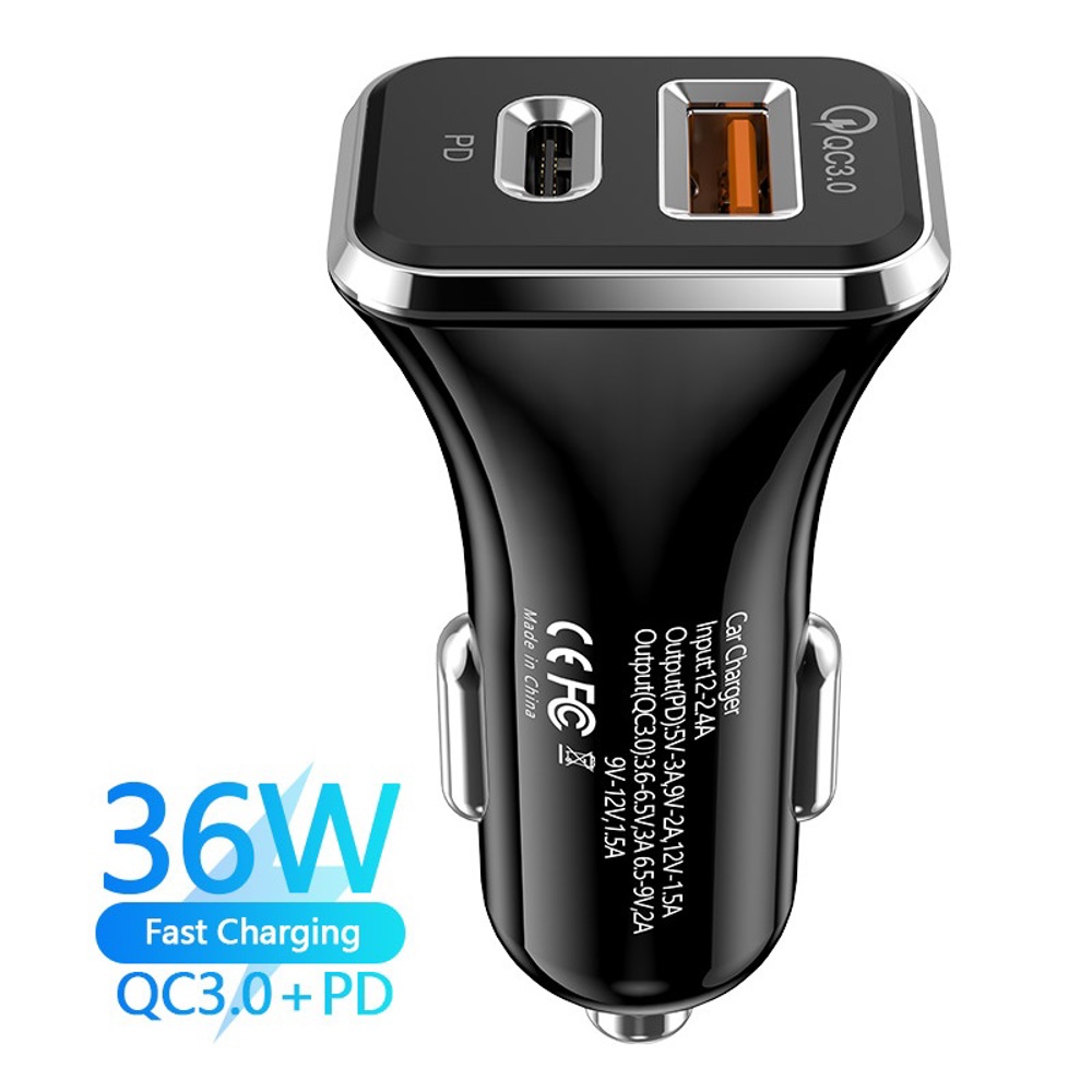 Universal 36W Fast Car Charger with USB-C PD & USB-A Ports