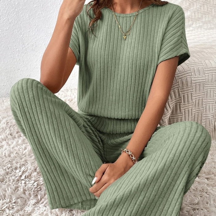 Ribbed Short Sleeve Wide Leg Jumpsuit Loungewear | S-XXL